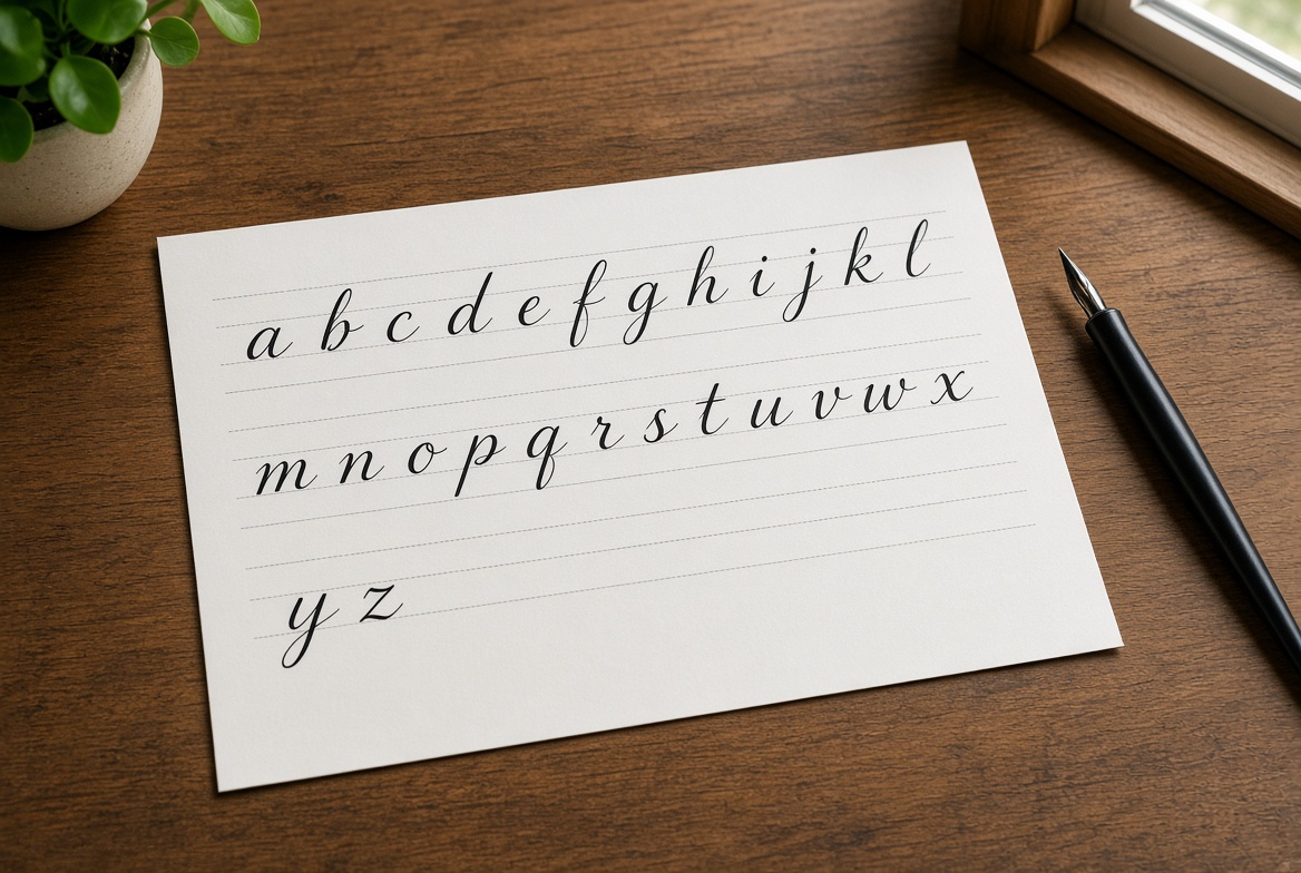 Lowercase calligraphy alphabet practice sheet with pointed pen