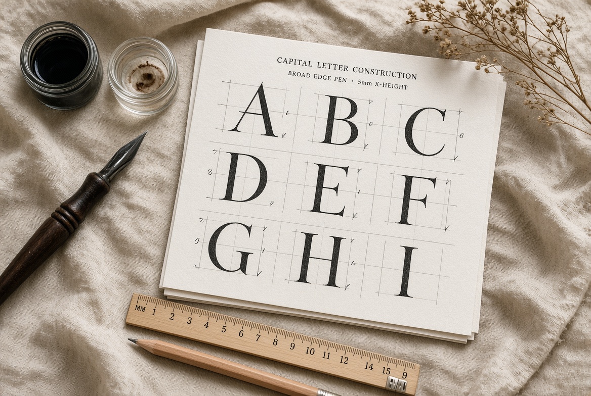 Capital letter construction sheet with proportion grids and broad-edge pen