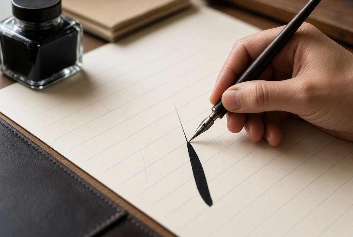 Pointed nib making a controlled vertical downstroke on practice paper